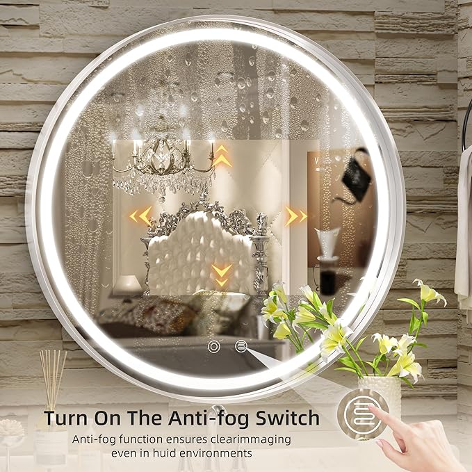 Hasipu 24 Inch Round LED Mirror for Bathroom with Lights, Silver Circular Vanity Mirror for Wall, Metal Framed Frontlit Bathroom Mirrors Anti-Fog, Dimmable, 3 Colors Makeup Shaving Mirror Wall Mounted