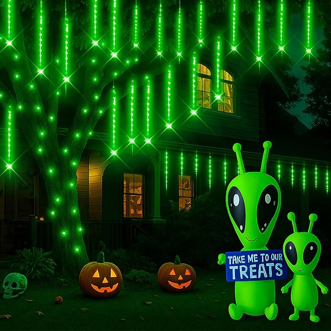 Kwaiffeo Green Icicle Lights, 16 Tubes Meteor Shower Lights(Equivalent to 2 Sets of 8-Tube) for Halloween Christmas Decorations Outdoor, Green Light for Xmas St. Patrick's Day Alien Decor, UL Plug