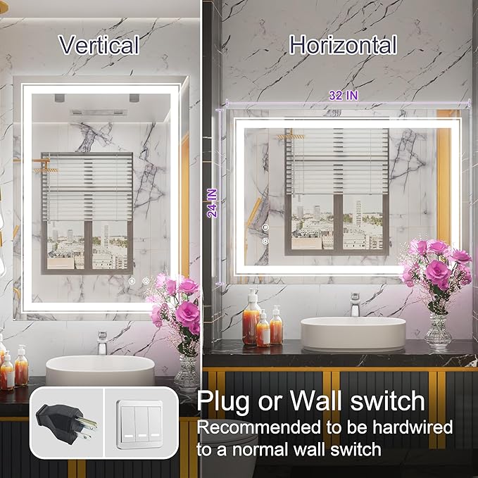 24 x 32 Inch LED Bathroom Mirror with Lights, Lighted Bathroom Vanity Mirrors for Wall, Wall Mounted, Stepless Dimmable, Anti-Fog, Memory Funtion, Horizontal or Vertical