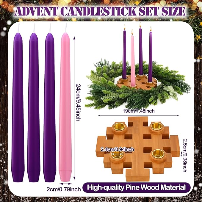 Mumufy 5 Pcs Advent Candle Holder Set Christmas Centerpiece Religious Decorations Snowflake Shape Wooden Advent Candlestick Holders with Purple Pink Taper Candles for Thanksgiving Christmas Nativity