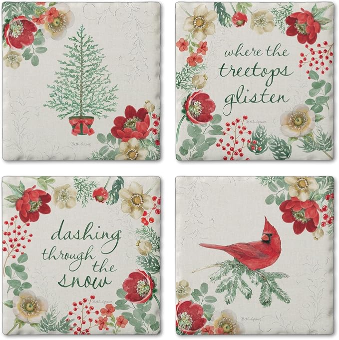 Thirstystone Holiday Traditions 4 Pack Assorted Tumbled Tile Stone Coasters with Protective Cork Backing 4" Square Manufactured in The USA