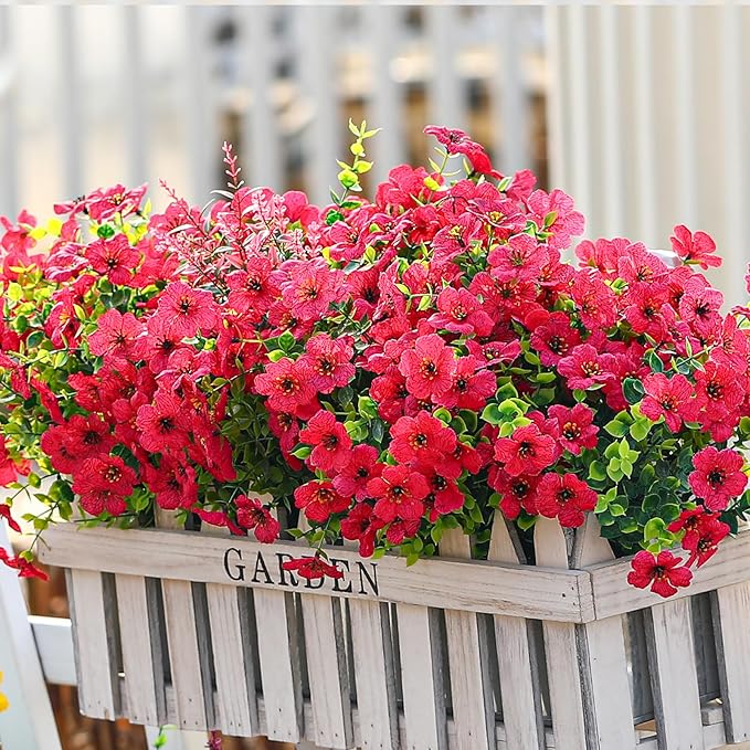 SHareconn 24 Bundles Artificial Flowers for Outdoors Decoration, Faux Plants Fake Silk Colorful Daisy Eucalyptus Lavender, UV Resistant for Outside Home Porch Patio Indoor Spring Decor, Rosered