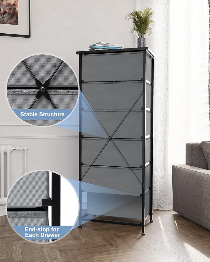 Crestlive Products Vertical Dresser Storage Tower - Sturdy Steel Frame, Wood Top, Easy Pull Fabric Bins, Handles Organizer Unit for Bedroom, Hallway, Entryway, Closets 6 Drawers (Gray)