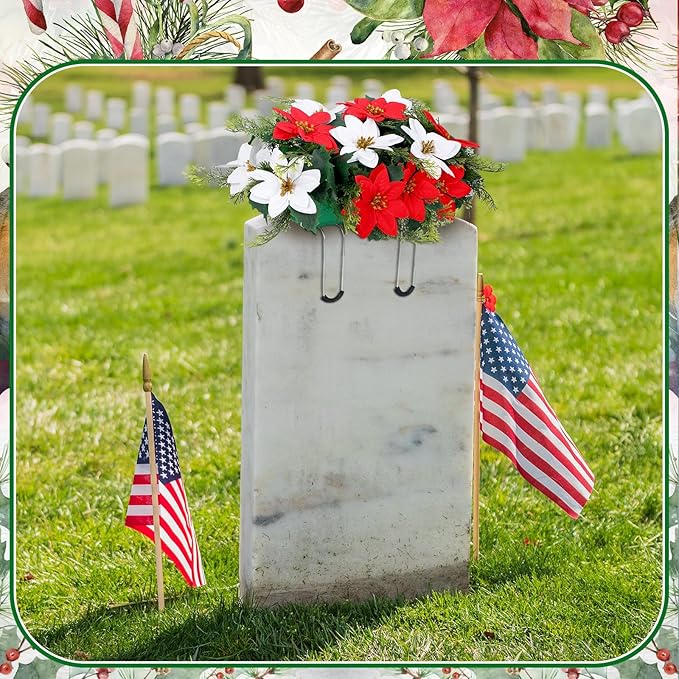 Christmas Cemetery Decorations for Grave Headstone Flower Saddle Artificial Flower Saddles Red Poinsettia Outdoor Memorial Headstone Realistic Bouquet(Vivid Color,Vivid Style)