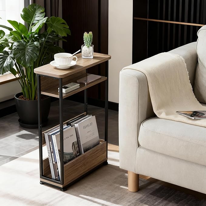 Narrow Side Table,3-Tier Slim End Table with Storage Shelf,Modern Sofa Table Thin Side Table for Narrow and Small Spaces, Skinny Bedside Table Small Nightstand with Magazine Rack Space Saving/Oak