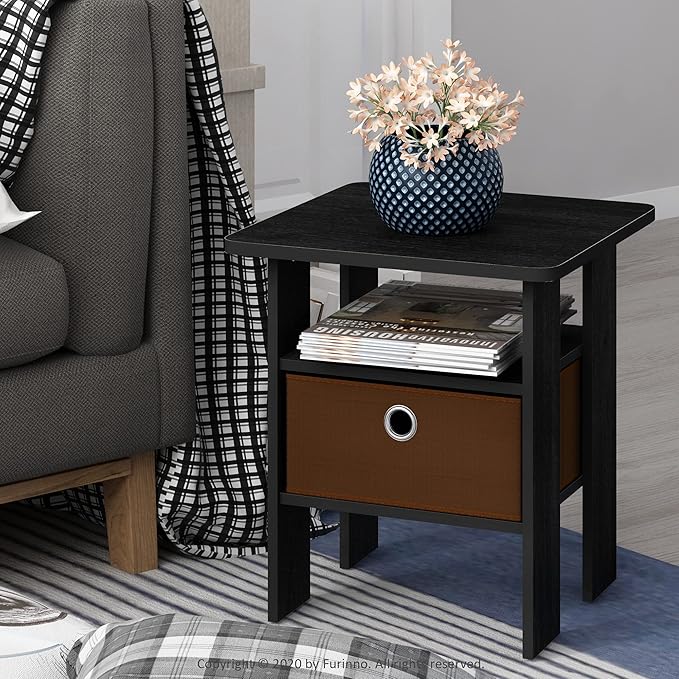 Furinno ANDREY Side Table, End Table, Night Stand with Open Shelves and Storage Bin, Bedside Table, for Living Room, Bedroom, Americano
