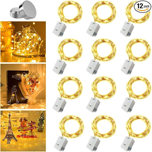 12 Pack Valentine's Day Fairy Lights Battery Operated, 3 Speed Modes, Extra 12 Batteries for Replacement, 7Ft 20 LED Mini String Light, Waterproof Copper Wire, Twinkle Firefly Lights for Christmas