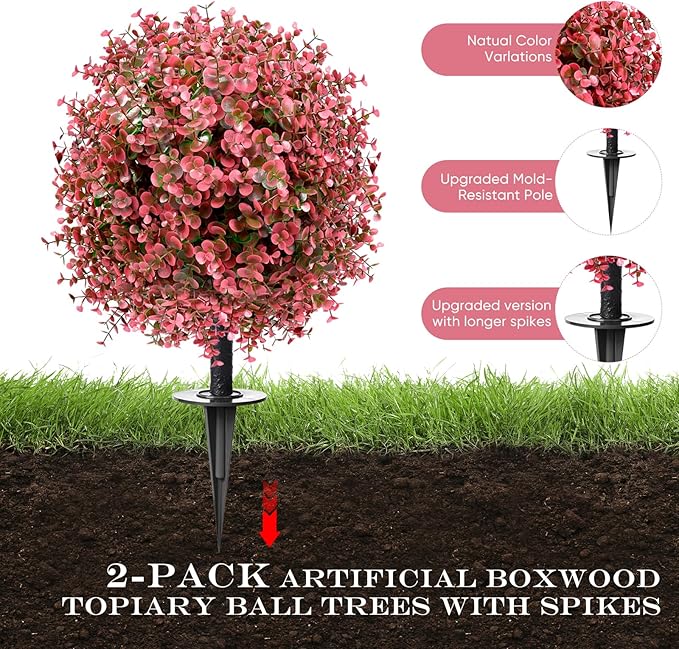 2 Pack 23” Artificial Topiary Bushes for Outdoors Fall Decorations with 7.8” Spike, Red Boxwood Ball Fake Shrubs UV Resistant Faux Plants for Indoor Outdoor Garden Entryway Front Porch Decor