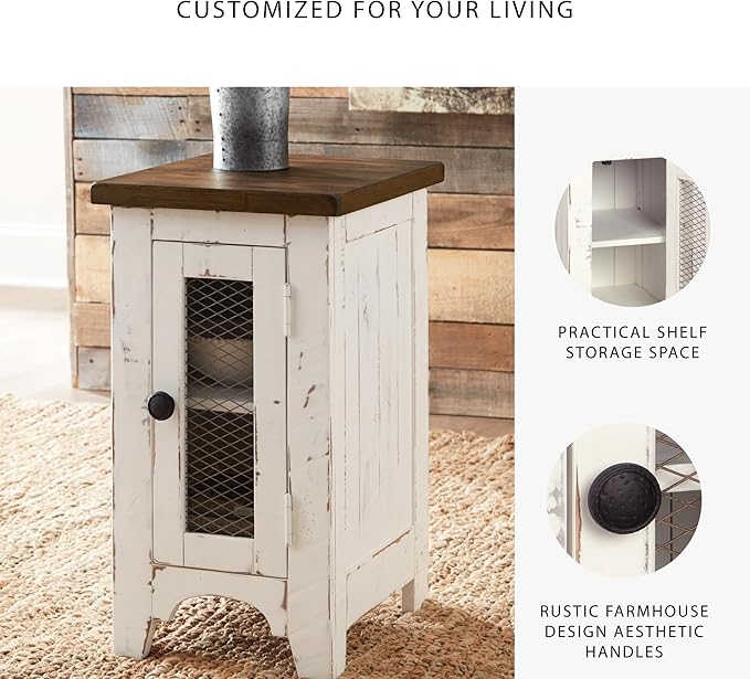Signature Design by Ashley Wystfield Farmhouse Chair Side End Table with Cabinet Door for Storage, White & Brown with Distressed Finish