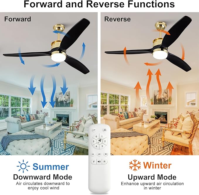BOJUE 52 Inch Black Gold Ceiling Fans with Lights and Remote, Reversible Quite DC Motor,6 Speeds with Memory Program,Modern Farmhouse Wood Ceiling Fan with Light for Living Room Patio