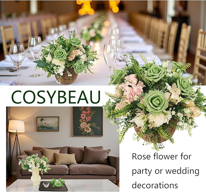 Artificial Rose Flowers 25pcs, Matcha Green Foam Fake Rose Faux Flower for Wedding Bouquets Bridal Shower Centerpieces Floral Arrangements Home Decorations Party Backdrops Table