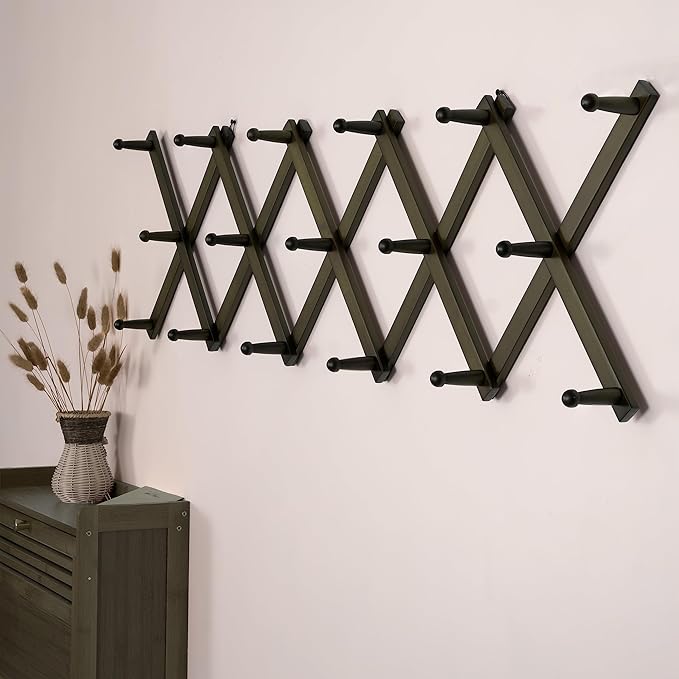 SKOLOO Hat Rack for Wall with 17 Hooks, Solid Wooden, Modern, Expandable Coat Rack Wall Mount for Coats, Hats, Bags, Baseball Caps, Dark Walnut Color