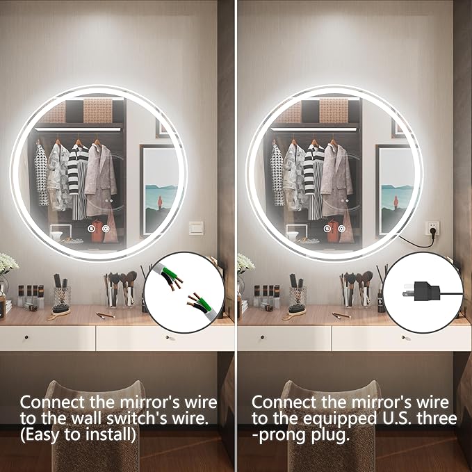 24 Inch Round LED Bathroom Mirror,Front & Backlit Lighted Bathroom Vanity Mirror, 6000K, CRI 90+, Dimmable, Touch, Anti-Fog
