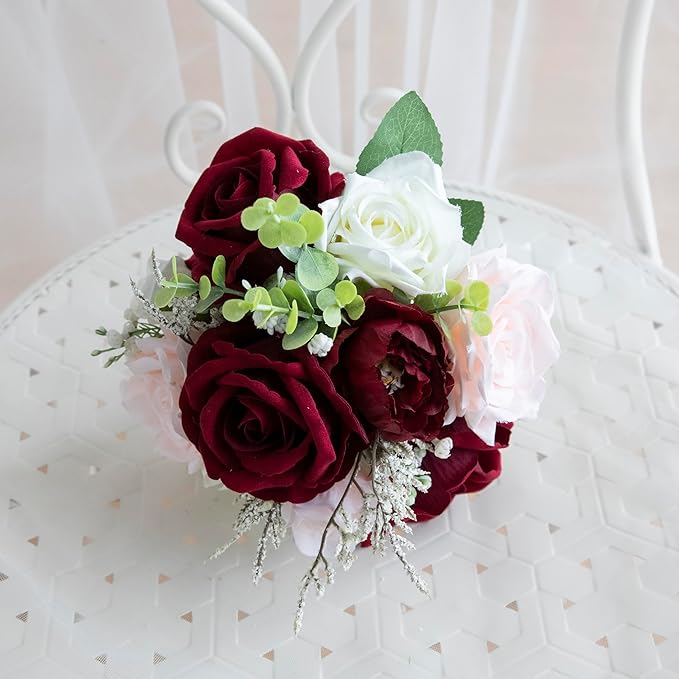 Wedding Bouquets for Bride Bridesmaid, Artificial Burgundy Blush Bride Flower Bouquet for Wedding Church Decoration Ceremony, Anniversary, etc, Roses Flowers