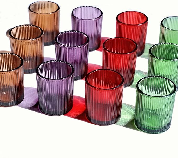 VOHO 4 Colors Ribbed Votive Candle Holders for Fall Decor, Set of 12 Tealight Candle Holder Easter/Halloween/Thanksgiving Decorations, Christmas Tea Light Candle Holder Glass Dining Table Centerpiece