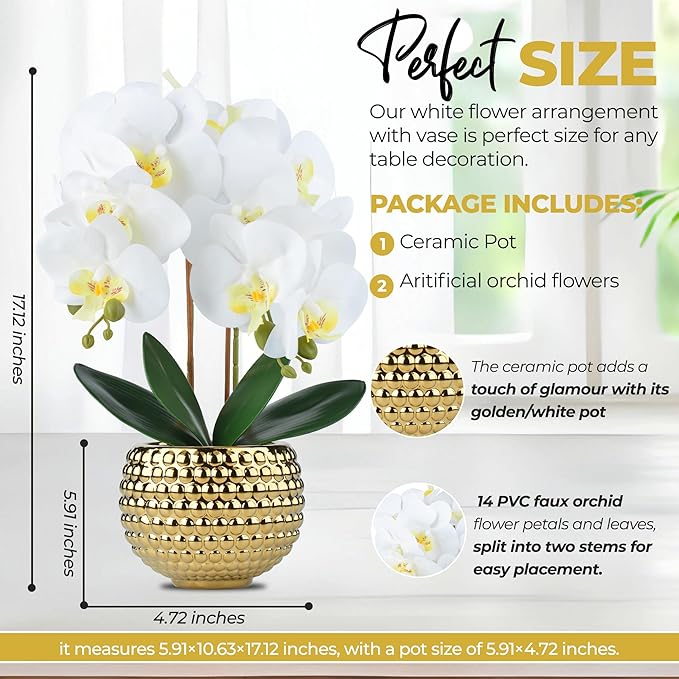 Large Orchids Artificial Flowers, 17'' White Faux Orchids with Gold Pot for Living Room Decor, White Faux Orchid Plant for Bathroom Kitchen Home Indoor Hotel Decor (Large Gold)
