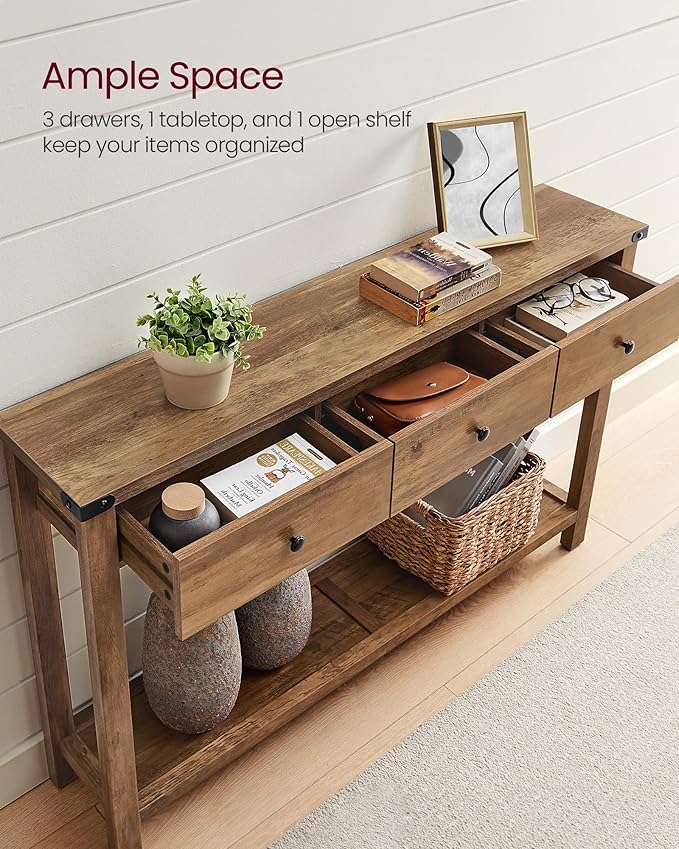 VASAGLE Console Table, Sofa Table, Narrow Entryway Table, Entry Table with 3 Drawers, Open Storage Shelf, Metal Corners, for Living Room, Farmhouse Style, Honey Brown ULNT142KB02S