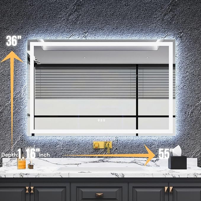 LED Bathroom Mirror 55"x 36",Front Lit and Backlit Bathroom Mirror with Lights,Stepless Dimmable,Anti-Fog, Shatter-Proof, Memory, 3 Colors Lighted Vanity Mirror (Horizontal/Vertical)
