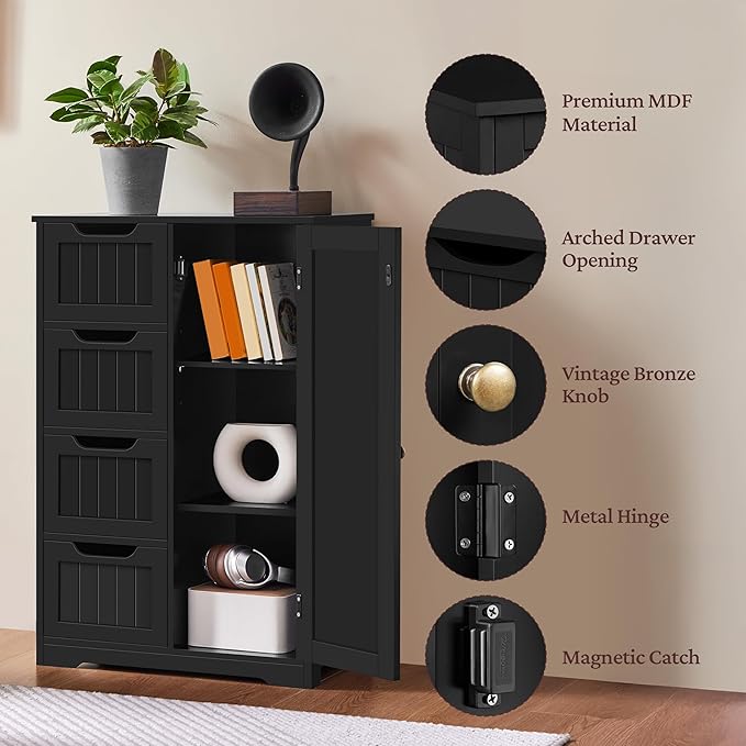 Yaheetech Wooden Bathroom Floor/Side Storage Organizer Cabinet with 4 Drawers and 1 Cupboard, Freestanding Entryway Storage Unit Console Table for Home Decor