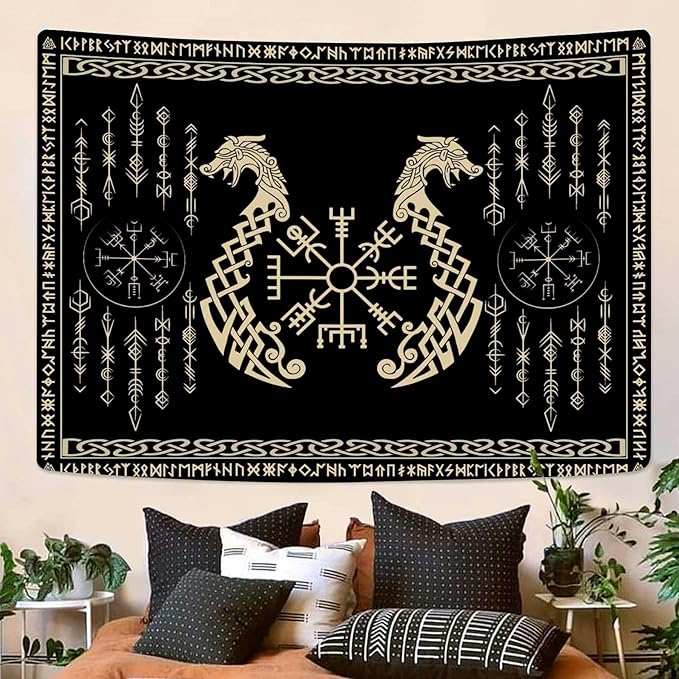 OSUNBD Nordic Vikings Tapestry, Large 9371 inches Soft Flannel, Vegvsir Symbol Twins Dragons Celtic Rune Scandinavian Aesthetic Mythology Tapestry Wall Hanging for Bedroom Living Room Decor