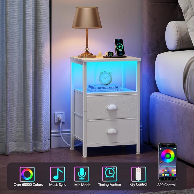 Furologee LED Night Stand with Charging Station, White Nightstand with Fabric Drawers, Bedside Table with Storage Shelf, End Table for Living Room/Bedroom/Dorm