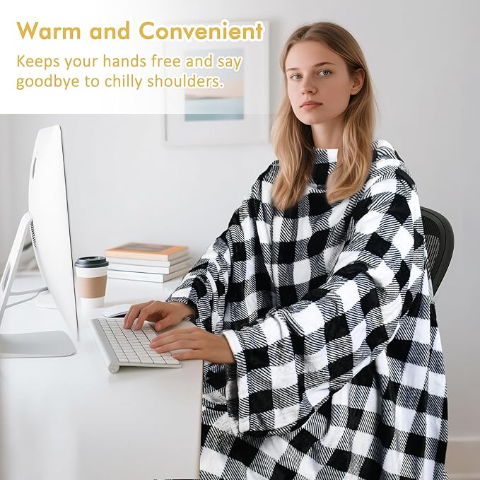 Catalonia Plaid White Wearable Fleece Blanket with Sleeves and Foot Pockets for Adult Women Men, Micro Plush Comfy Wrap Sleeved Throw Blanket Robe Large