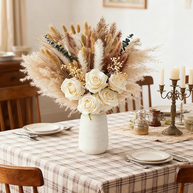 100pcs Artificial Flowers Arrangement With Vase, Fake Flowers Silk Roses in Vase, Coffee Table Decorations,Boho Dried Pampas Grass, Dining Table Decor, Floral Centerpieces for Tables, Centro de Mesa