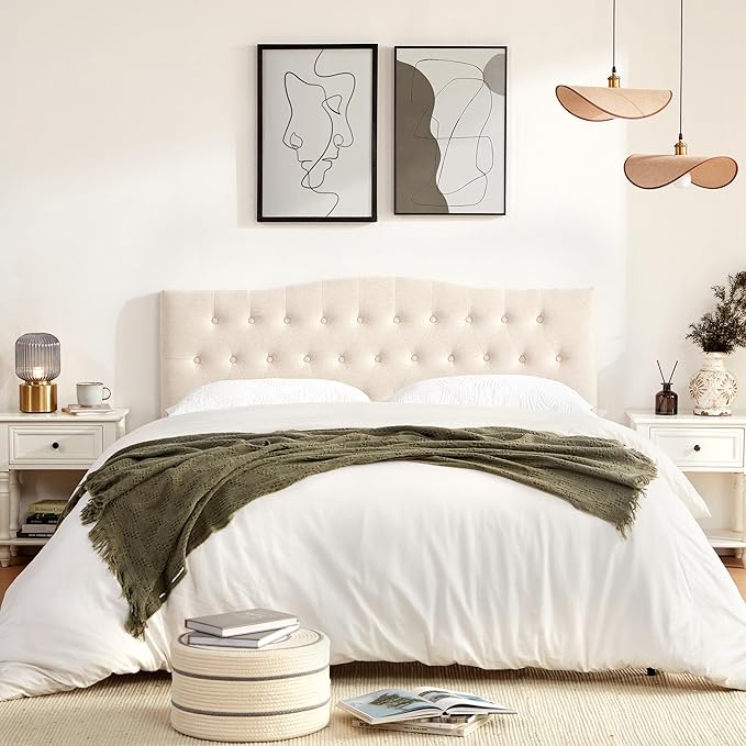 Tufted Upholstered Headboard California King, Sturdy and Durable Solid Wood Bed headboard, Fabric Headboard Adjustable Height from 37” to 51”, Button Diamond Design Head Board, Beige