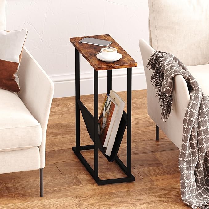 Yusong Narrow Side Table for Small Spaces, Small End Table Set of 2 with Magazine Holder, Skinny Slim Little Thin Table for Living Room, Bedroom, Sofa, Rustic Brown