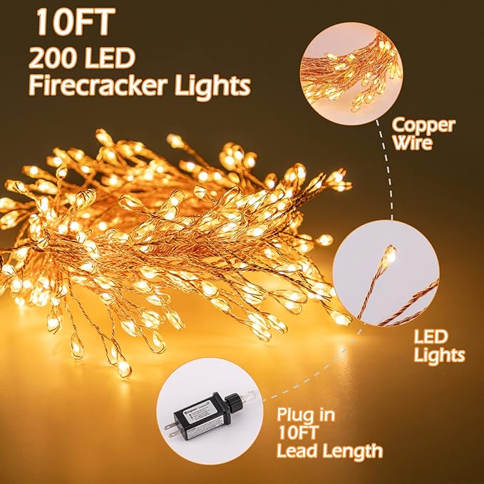 Fairy Lights Plug in, 10Ft 200LED Firecracker Firefly Lights, 8 Lighting Modes, Waterproof Copper Wire Cluster String Lights for Ceiling Bedroom Window Christmas Tree Decoration, Warm White