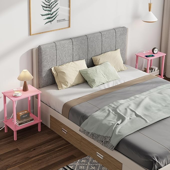 TUTOTAK End Table with Charging Station, Small Side Table with Outlets, Nightstand Bedside Table, 2-Tier Storage Shelf for Small Space, Living Room, Bedroom, Pink TB01BP040