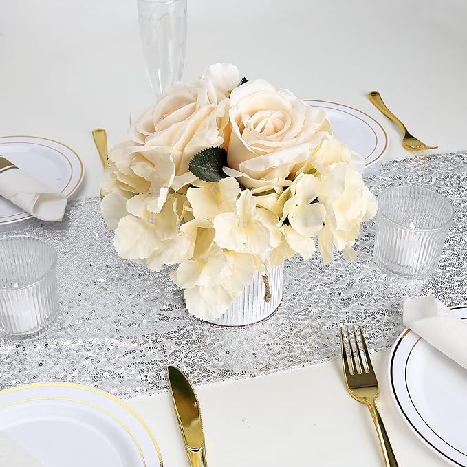 Flower Table Centerpieces - Set of 6 Floral Arrangement Artificial Wedding Hydrangeas Floral Arrangement with Rustic Metal Vase for Bridal Tea Party Event Decorations - Champagne