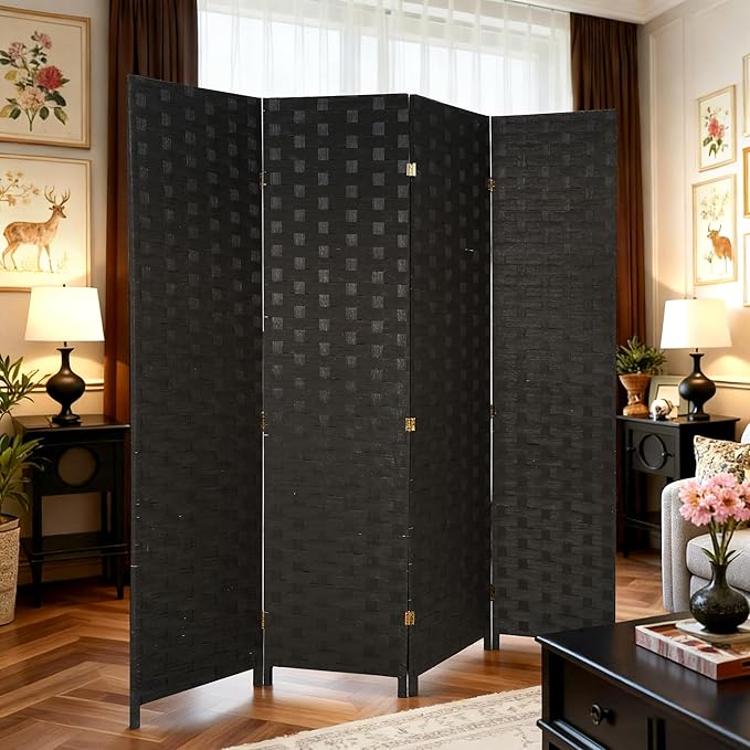 FDW Room Divider Wood Screen 4 Panel Folding Portable Partition Screens Wooden Mesh Woven Design Room Screen Divider for Home Office (Coal Black)