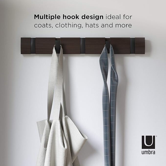 Umbra Flip Wall-Mounted Coat Rack Rail Hook for Hats, Jackets, Bags and More – Modern, Space-Saving Storage Organizer for Entryway, Mudroom, Closet, Bathroom, Bedroom, Kids Room, or Nursery, 5 Hooks,