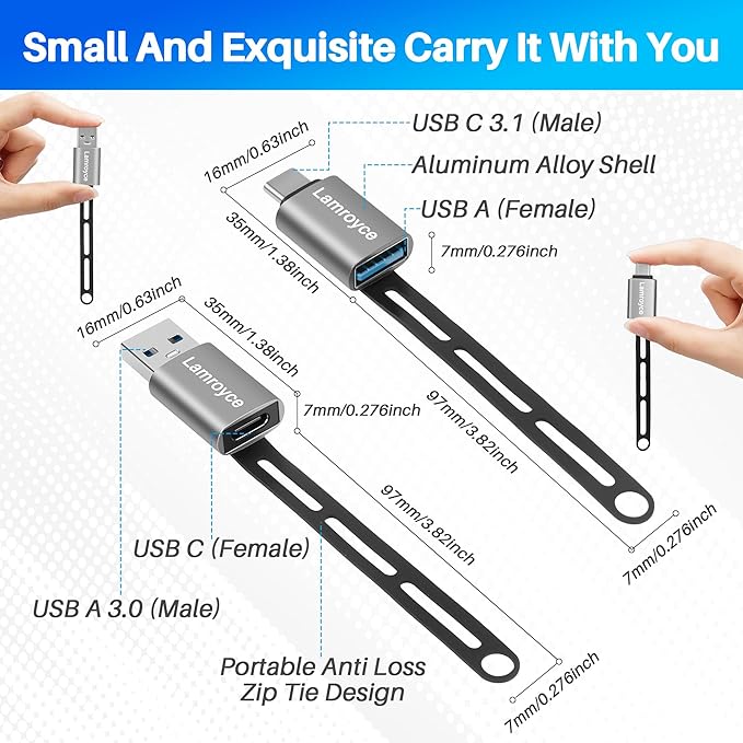 USB-C to USB Adapter 4 Pack, Portable 2*USB A 3.0 Male to USB C Female & 2*USB C 3.1 Male to USB A Female OTG Converter Connector, with Lanyard Keychain, Supports fast charging & 5Gbps Data Transfer