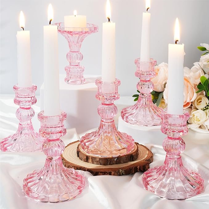 Suclain 24 Pcs Glass Taper Candle Holder Sets 12 Candlestick Holder with 12 White Long Candles for Wedding Party Decor Dinner Decoration(Pink)