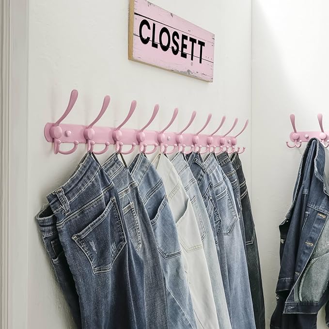 Dseap Coat Rack Wall Mount - 38” Long 10-Tri-Hooks Heavy Duty Coat Hanger Rail Wall Hooks for Hanging Coats Hats Clothing Clothes Purse Mudroom Entryway, Pink, Pack of 2