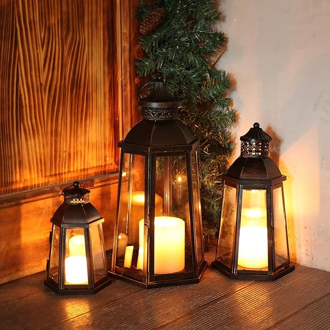 DECORKEY 19’’&16’’&8’’ Lanterns Decorative Outdoor & Indoor, Large Lantern for Front Porch, Metal Frame Candle Holders with Glass, Vintage Patio, Pathway, Balcony, Garden, Yard Decor
