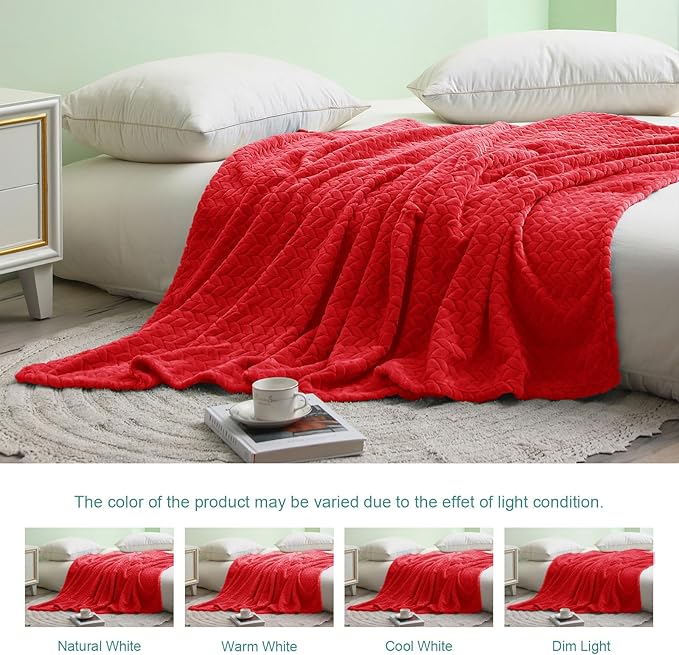 Exclusivo Mezcla Fleece Queen Size Blanket for Bed, 90x90 Inches Soft Cozy Jacquard Flannel Blankets, Lightweight Fuzzy Plush Warm for Winter, Red