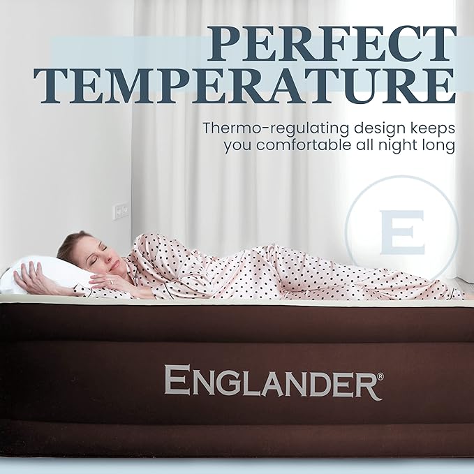 Englander California King Air Mattress with Built in Pump Raised - Double High- Luxury Size Camping Mattress - Blow Up Floor Bed for Home - Microfiber, Waterproof Airbed with Patch Kit