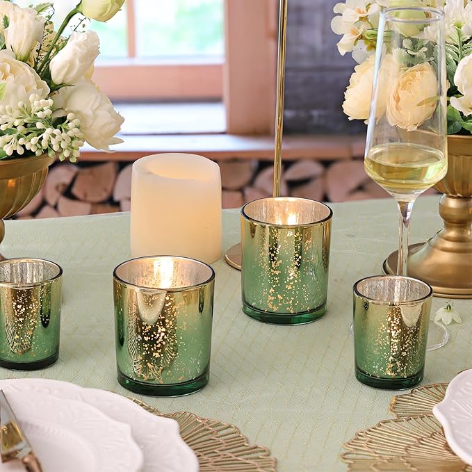 Volens 12pcs Assorted Green Votive Candle Holders, Large Speckles Mercury Glass Votive & Tealight Candle Holder Bulk for Wedding Table Centerpiece, Green and Gold Themed Party Decorations