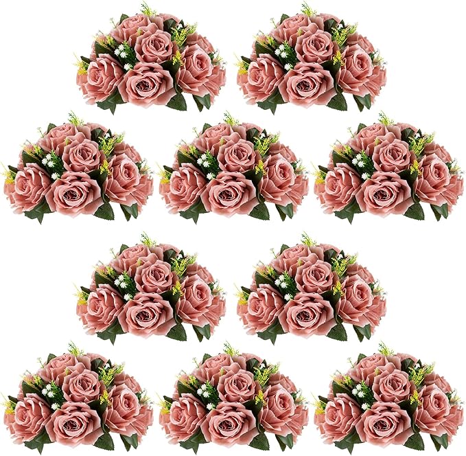 NUPTIO Artificial Flower Centrepieces for Tables - 10 Pcs Dusty Rose Fake Flowers Roses Balls 9.5in Diameter - Silk Faux Rose Arrangement for Wedding Party Centerpiece Table Decorations