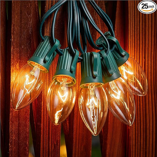 Minetom C9 Clear Christmas String Lights, 25FT 25 Bulbs Bright & Warm Outdoor Christmas Lights, Long Life C9 String Lights for Tree Patio Gazebo Wreath, Green Wire