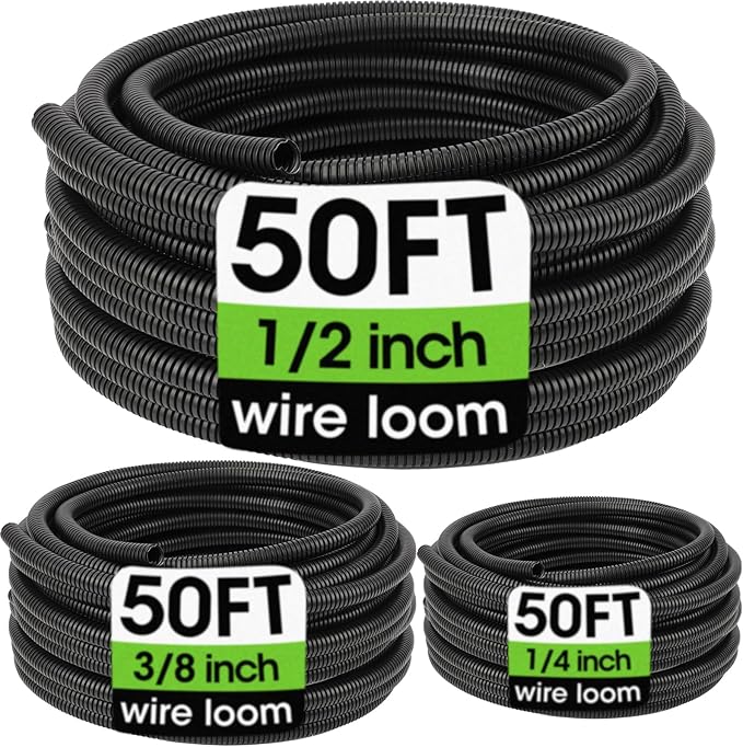 Wire Loom 1/4", 1/2", 3/8 Inch x 50 FT, Split Wire Loom Tubing Wire Conduit, Cable Sleeves Bulk Flexible Electrical Conduit Protective kit
