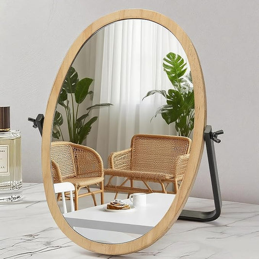 Generic Vanity Makeup Table Mirror - Desk Mirrors 360 Adjustable Rotation,Wood Framed Small Standing Mirror for Bedroom,Tabletop,Office,Antique,Dresser,Countertop 11.8'' x 7.8''