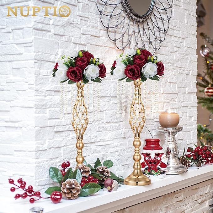 NUPTIO Flower Wedding Centrepieces for Tables - 10 Pcs 9.5in Diameter Burgundy & White Artificial Flowers Rose Ball for Centerpieces Table - Fake Rose Arrangements for Weddings Birthday Party Decor