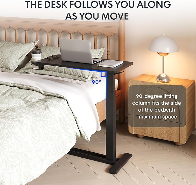 FLEXISPOT H7 Adjustable Overbed Bedside Table with Wheels Pneumatic Mobile Standing Desk Laptop Desk Rolling Computer Cart Movable Overbed Table Hospital Home Use(31.5" W x 17.7" D, Black Large)