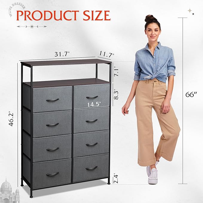 WLIVE Fabric Dresser for Bedroom with Open Shelves, Tall Dresser with 8 Drawers, Storage Tower with Fabric Bins, Chest of Drawers for Closet, Living Room, Hallway, Charcoal Gray