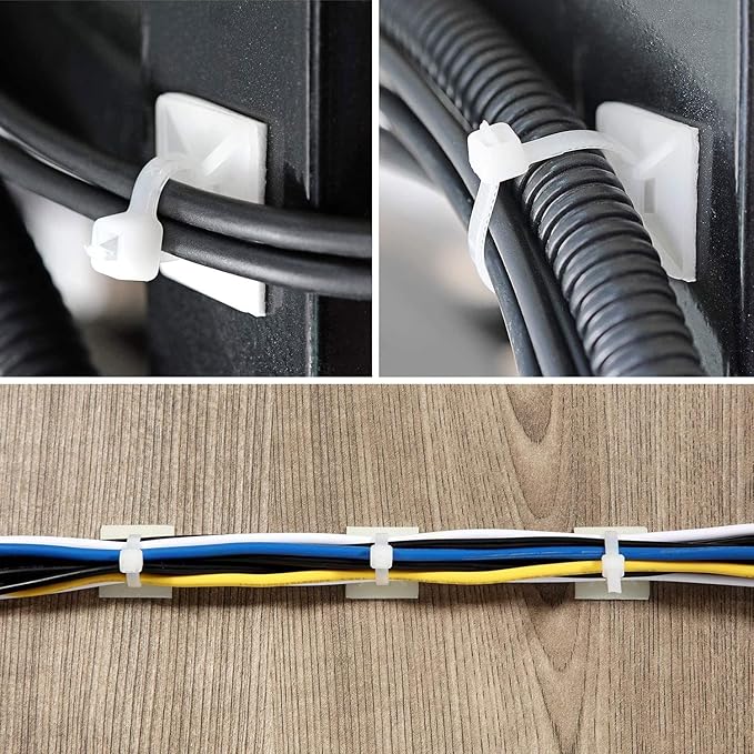 Strong Back-Glue Self Adhesive Cable Zip Tie Mounts Kit - 50 Set Cable Management Clips with 6" Zip Ties, Wire Holders - Outdoor Sticky Wire Organizer Clips-Black (50 Set, White)