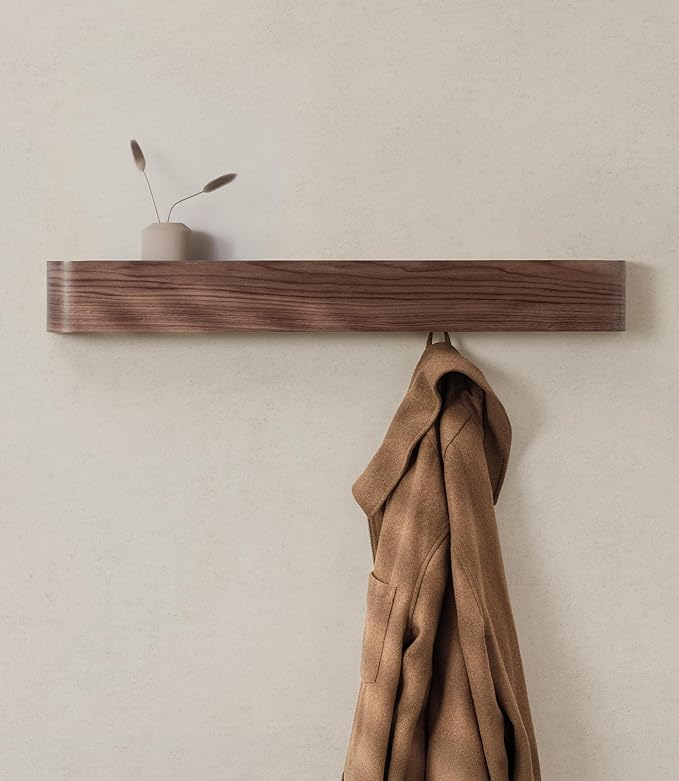 Kazai. Wall-Mounted Coat Rack 'Toke' - Modern Design with Hidden Wall Hooks - Solid Wood Veneer Panel Coat Hanger - Walnut